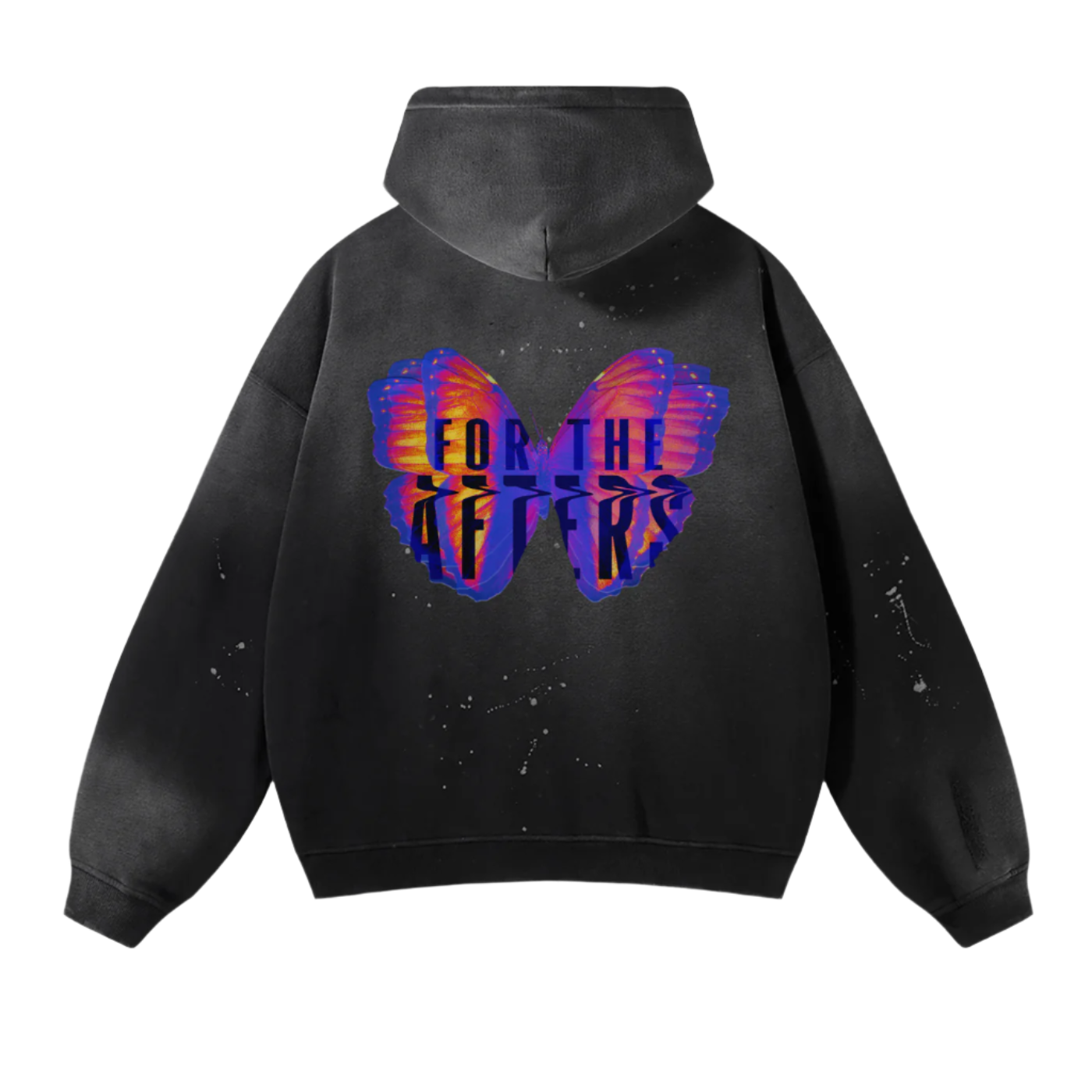 Black hoodie with colorful butterfly design and text on the back against a white background