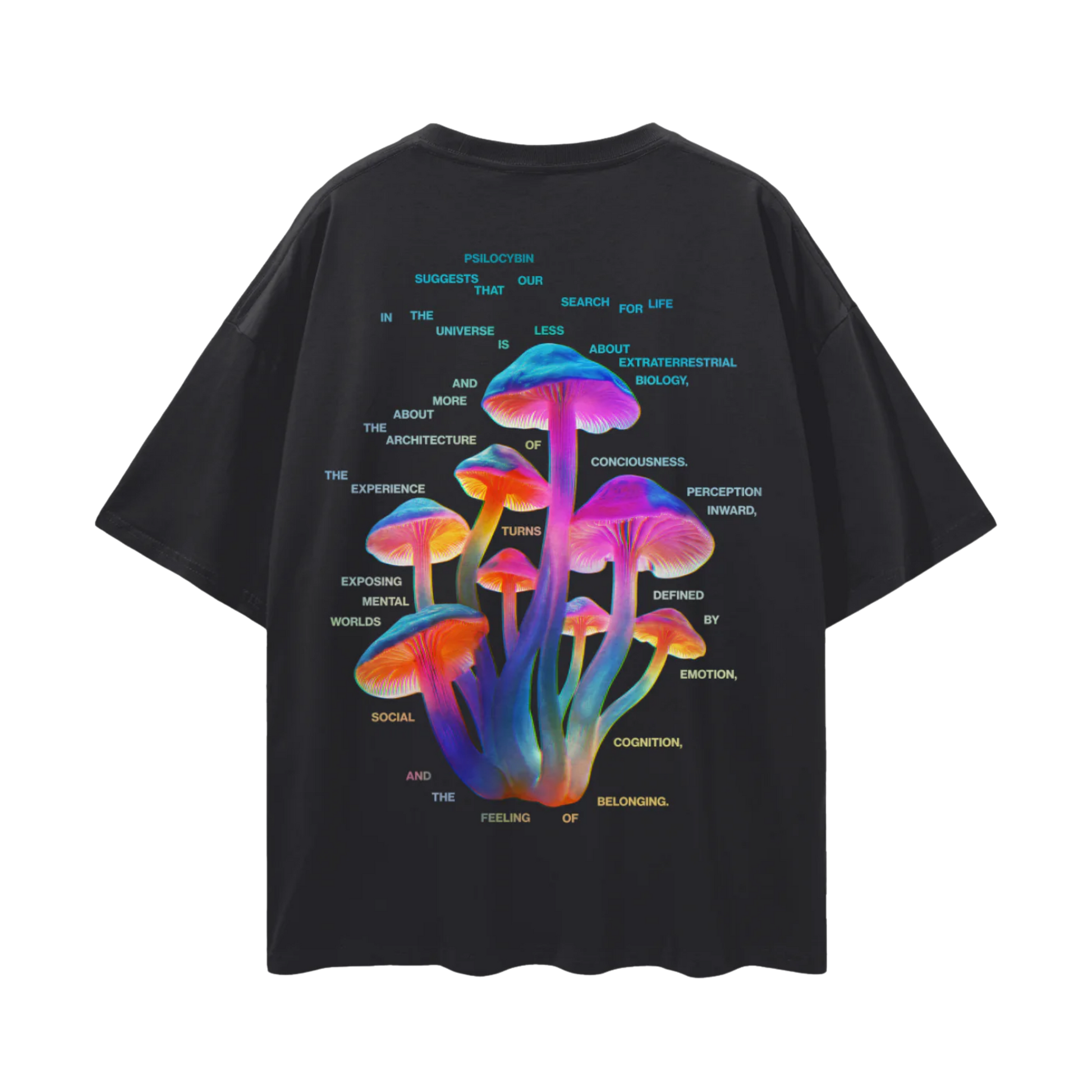 Black t-shirt with colorful mushroom design and text on a white background
