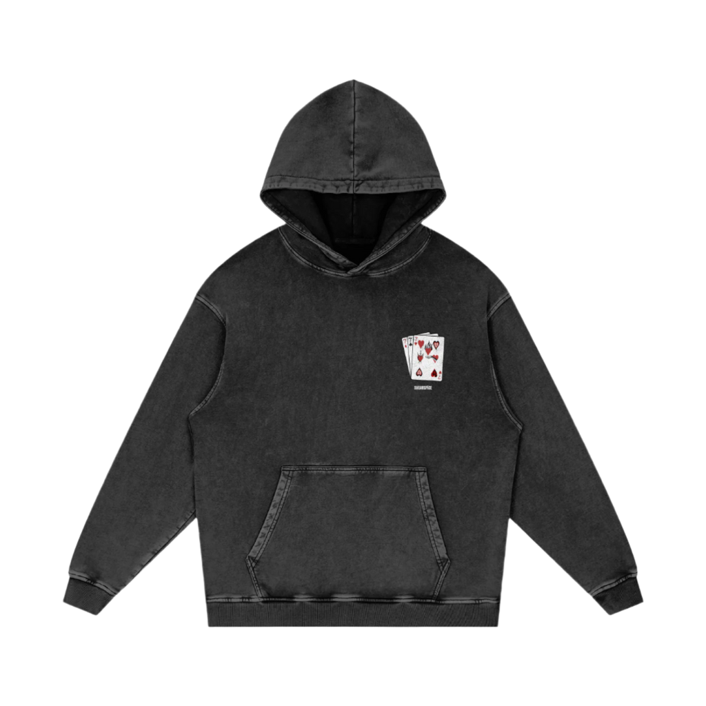Black hoodie with a small graphic on the chest against a white background