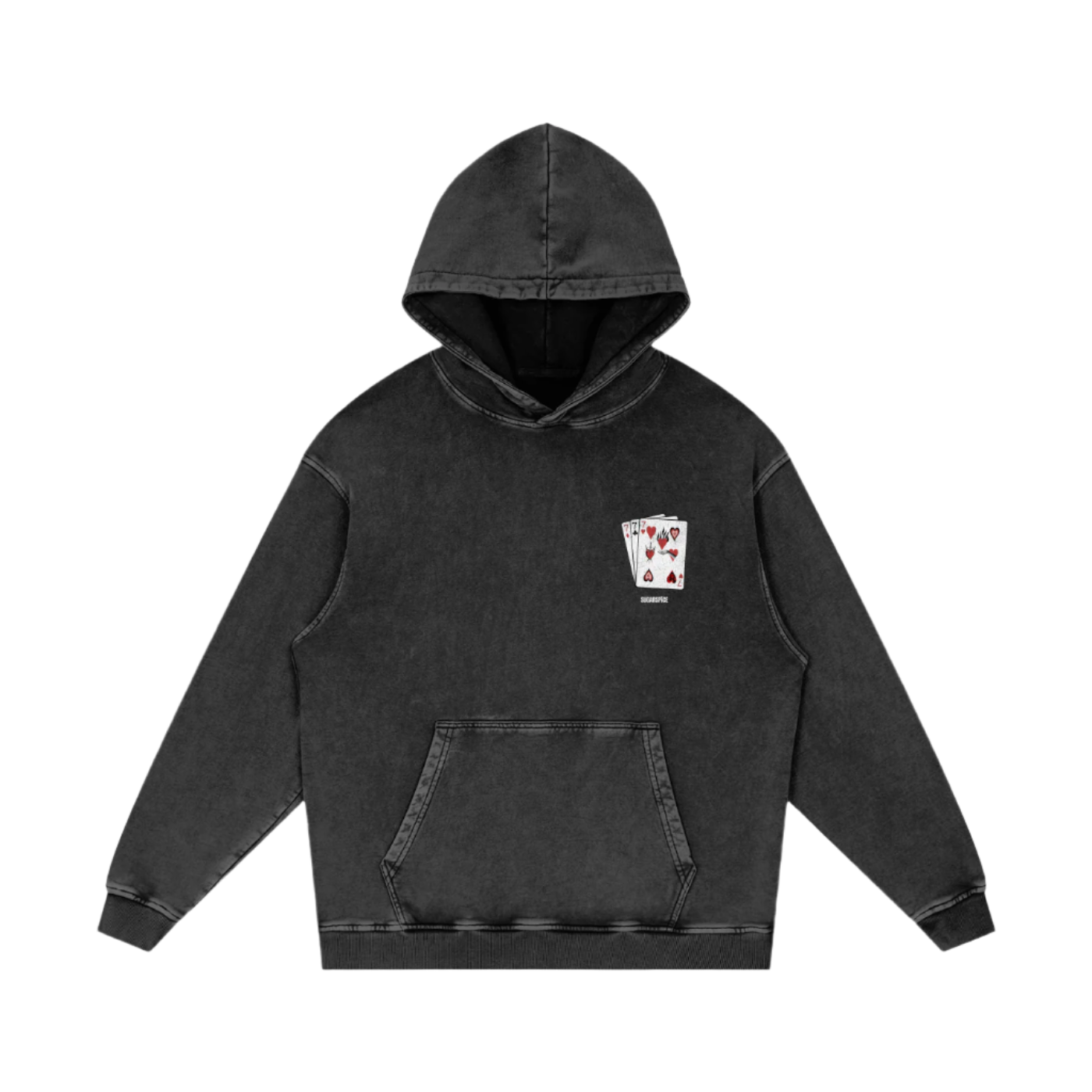 Black hoodie with a small graphic on the chest against a white background