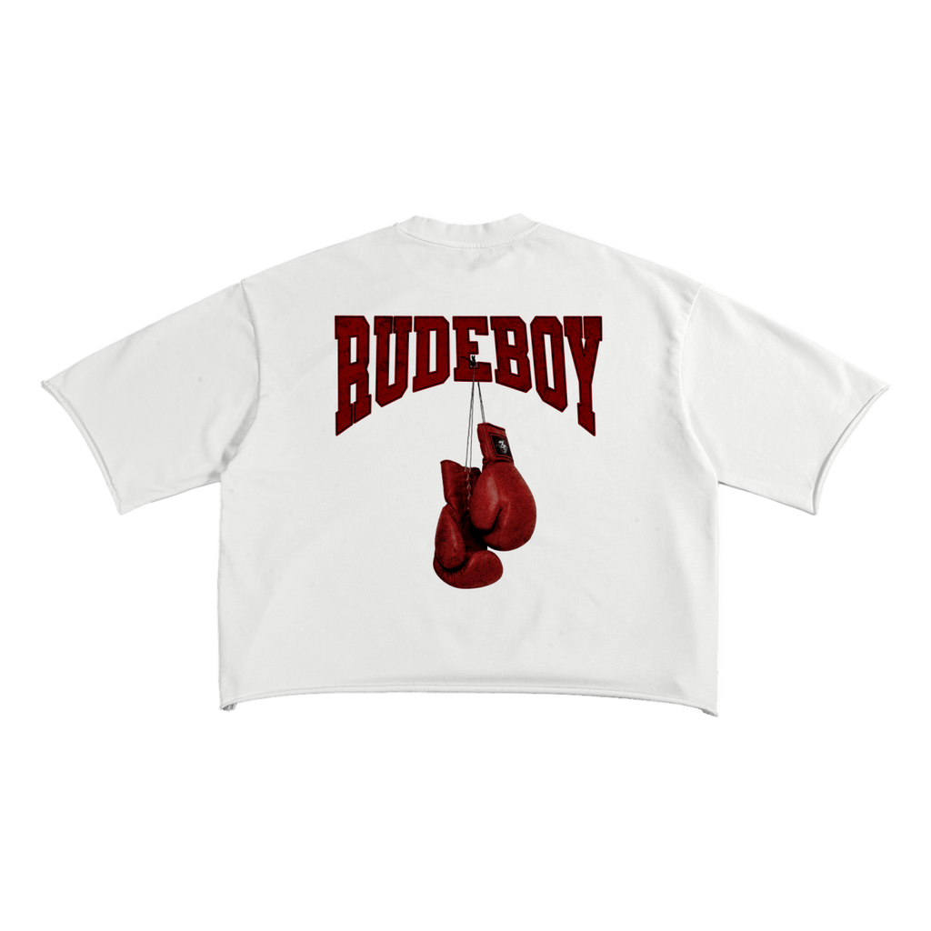 White t-shirt with 'Rudeboy' text and boxing gloves on a white background