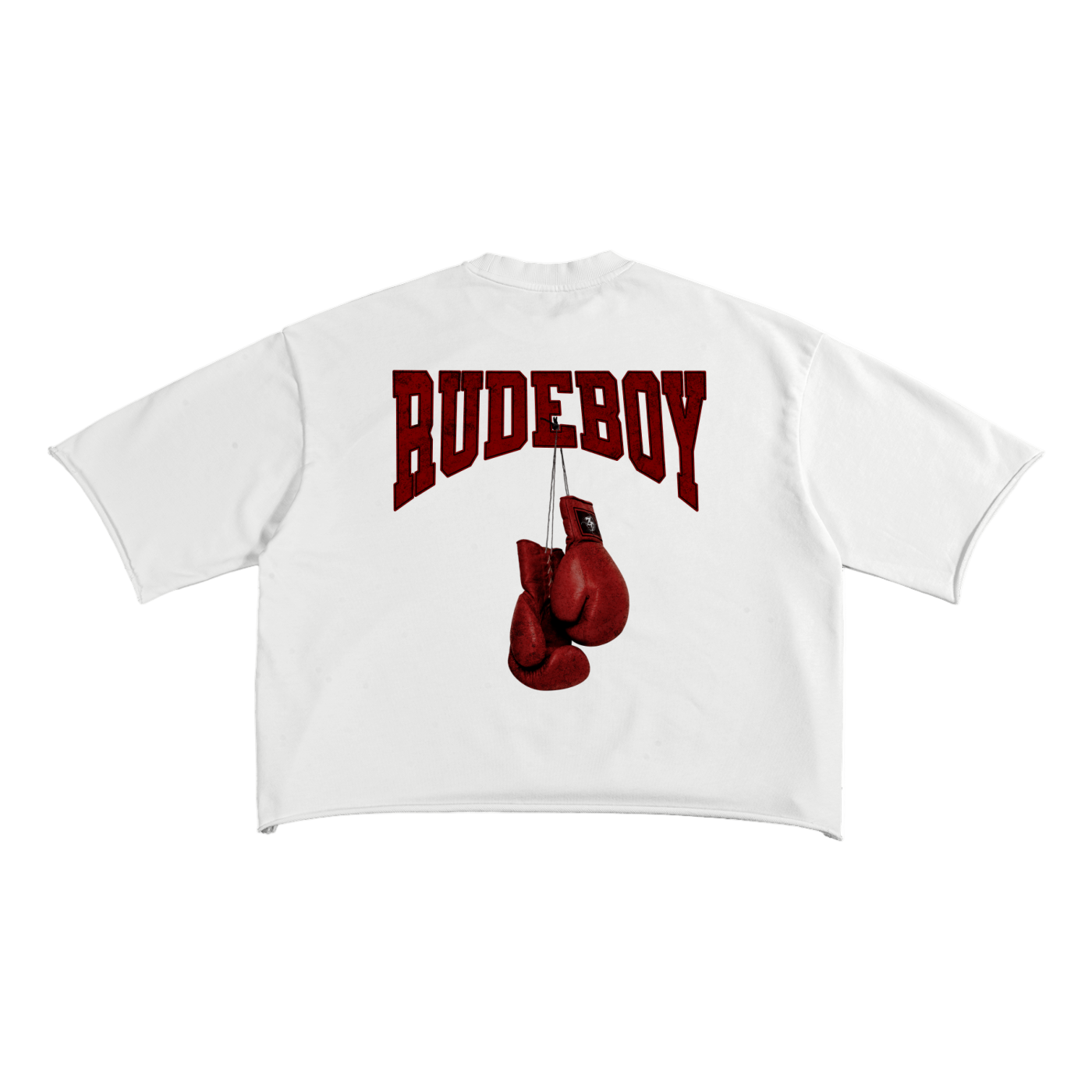 White t-shirt with 'Rudeboy' text and boxing gloves on a white background