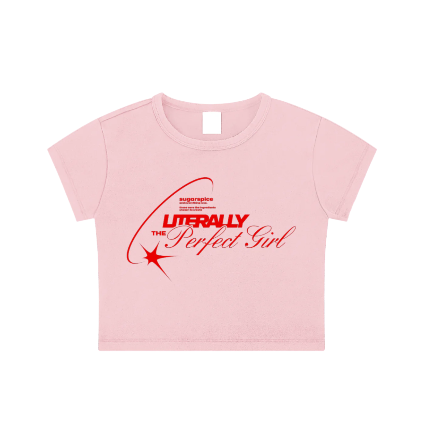Pink t-shirt with red text and design on a white background