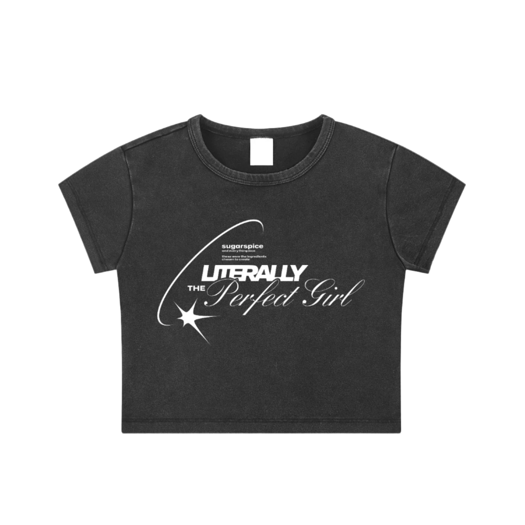 Black crop top with white text on a white background