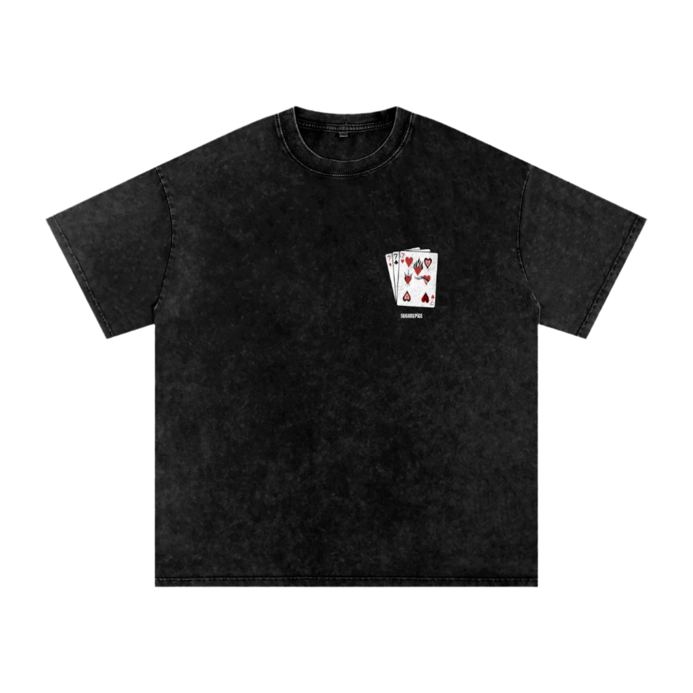 Black t-shirt with a small graphic of playing cards on the chest against a white background
