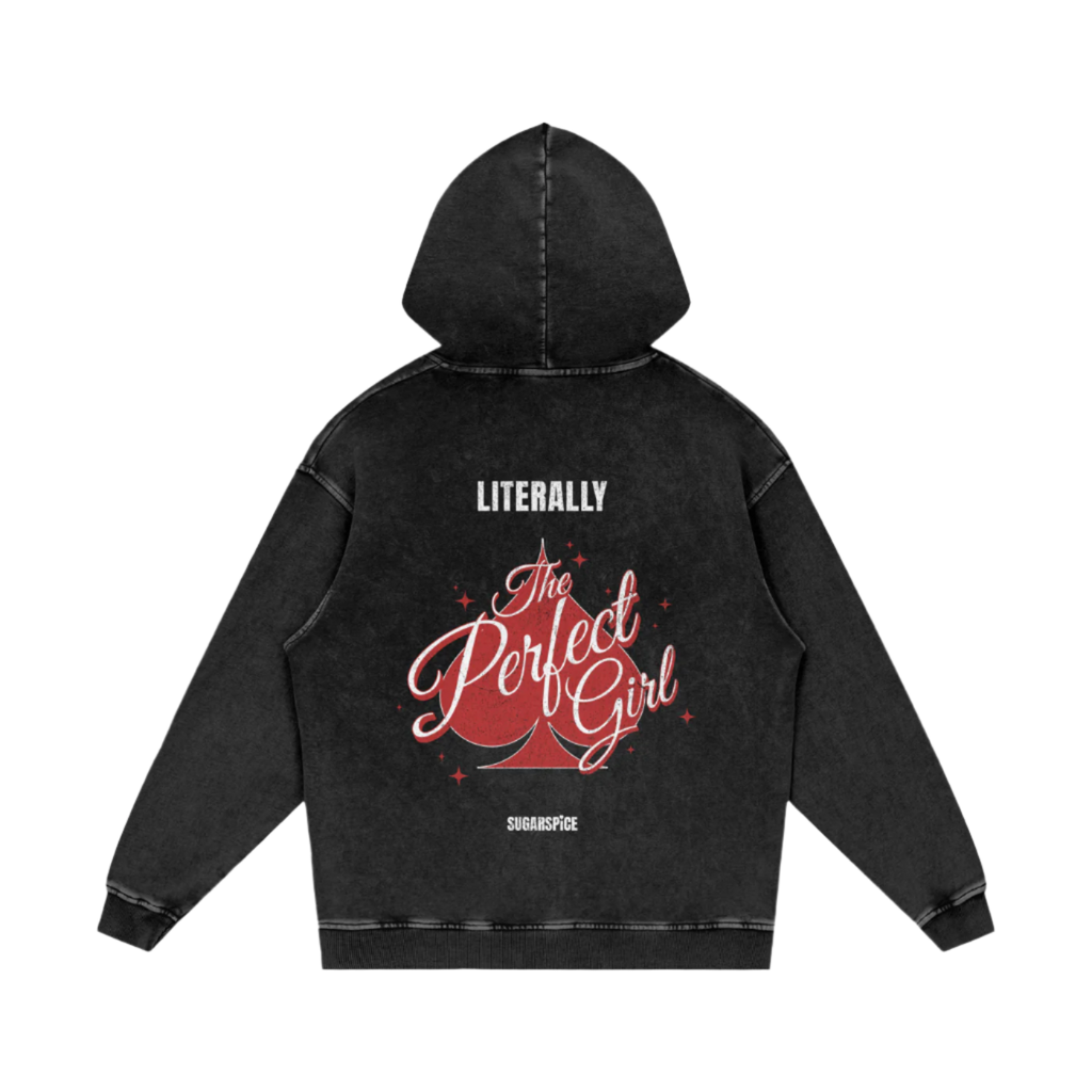 Black hoodie with red and white text on the back against a white background